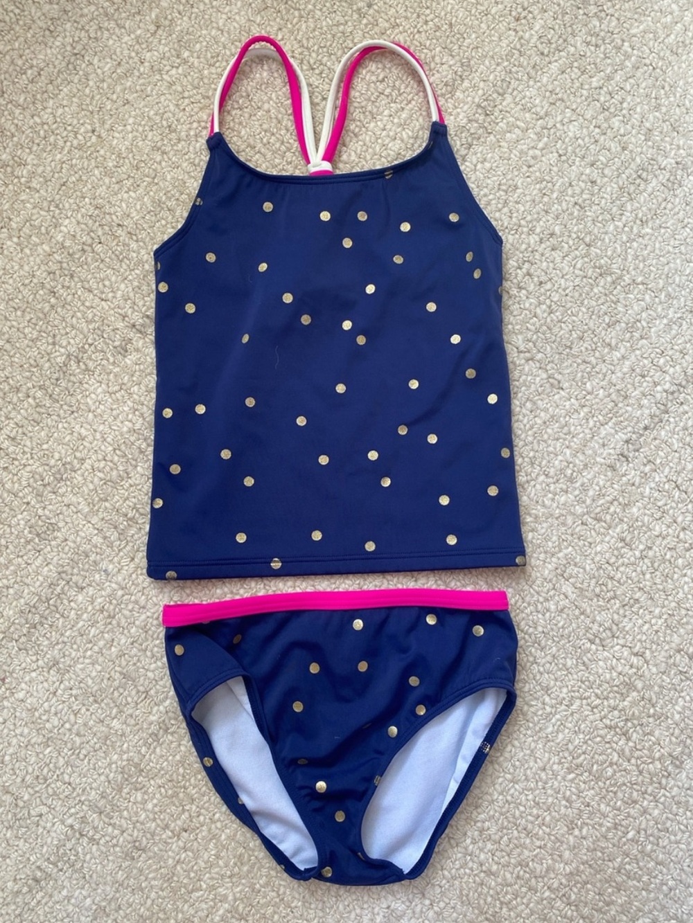 Boden Mini Girls’ Navy Blue Gold Polka Dot Tankini Swim Set Size 13-14 Y